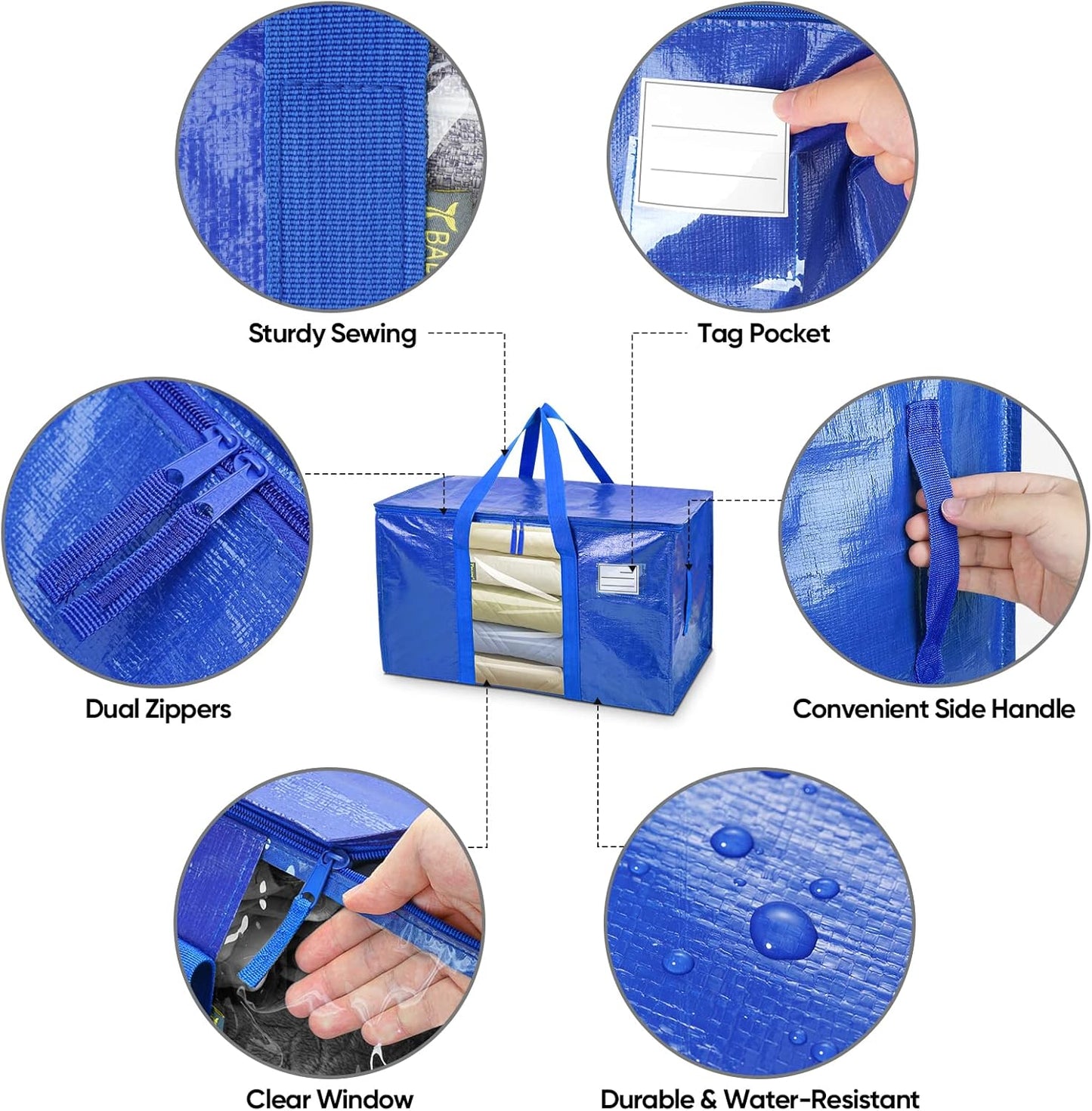 BALEINE 4-Pack Oversized Moving Bags with Reinforced Handles, Heavy-Duty Storage Tote Moving Supplies for Packaging, Camping (Blue w/Window, 4-Pack)