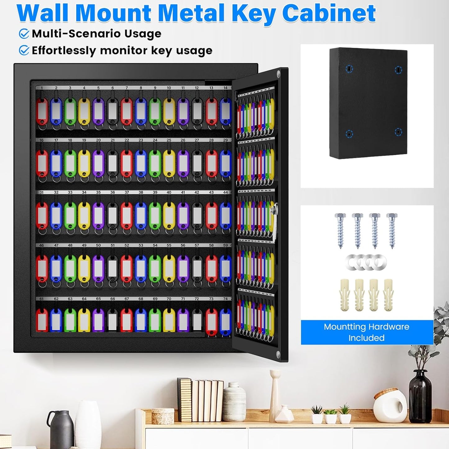 125 Keys Key Lock Box Wall Mount, Anti-Theft Key Organizer with Colored Key Tags and Key Drop Slot, Conveniently Key Cabinet for Car Garage House Rental Office Business