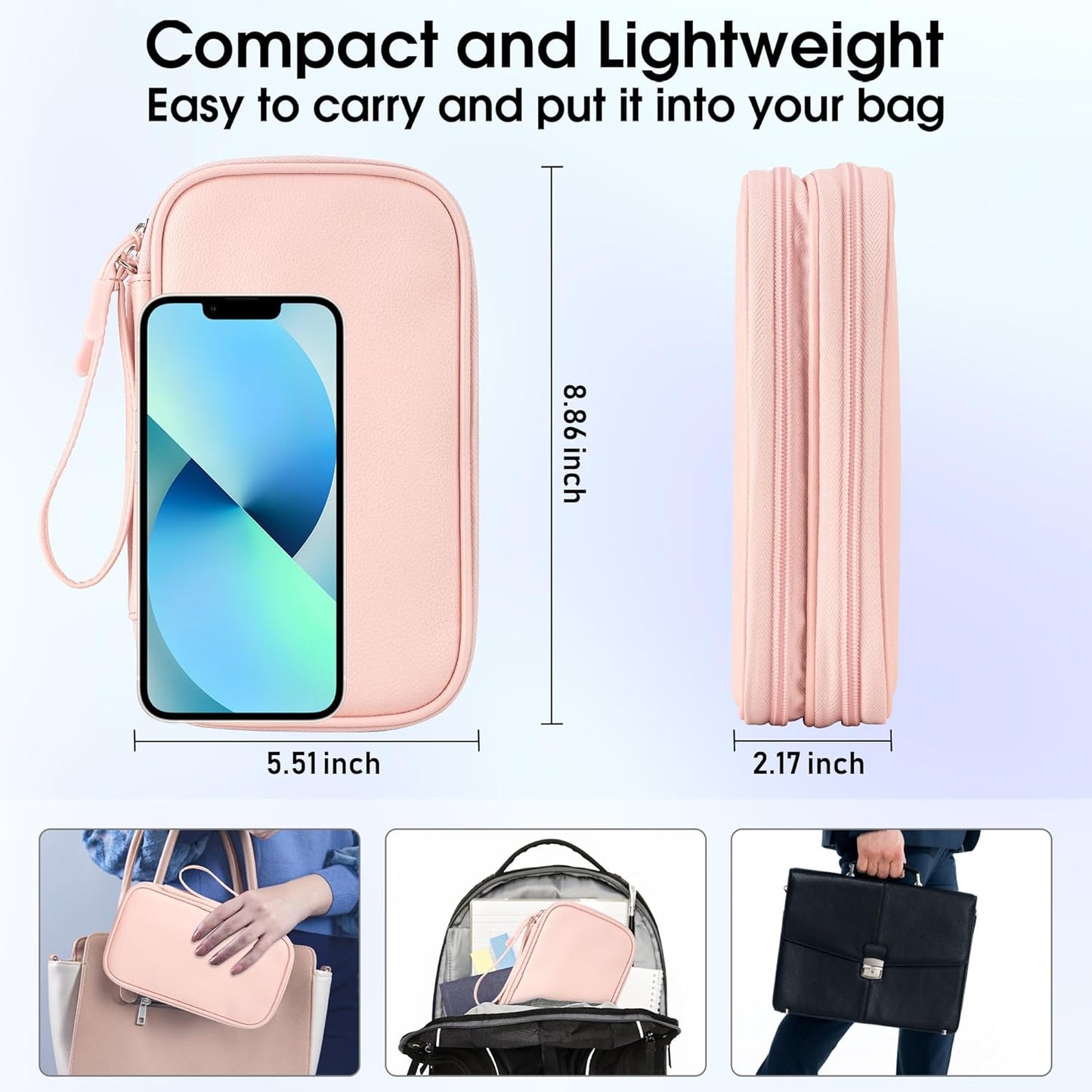 Leather Travel Electronic Organizer - Double Layer, Waterproof Case for Cables, Chargers, Phones & More - Portable, Shockproof Pouch for All Your Electronics Accessories (Light Pink, M)