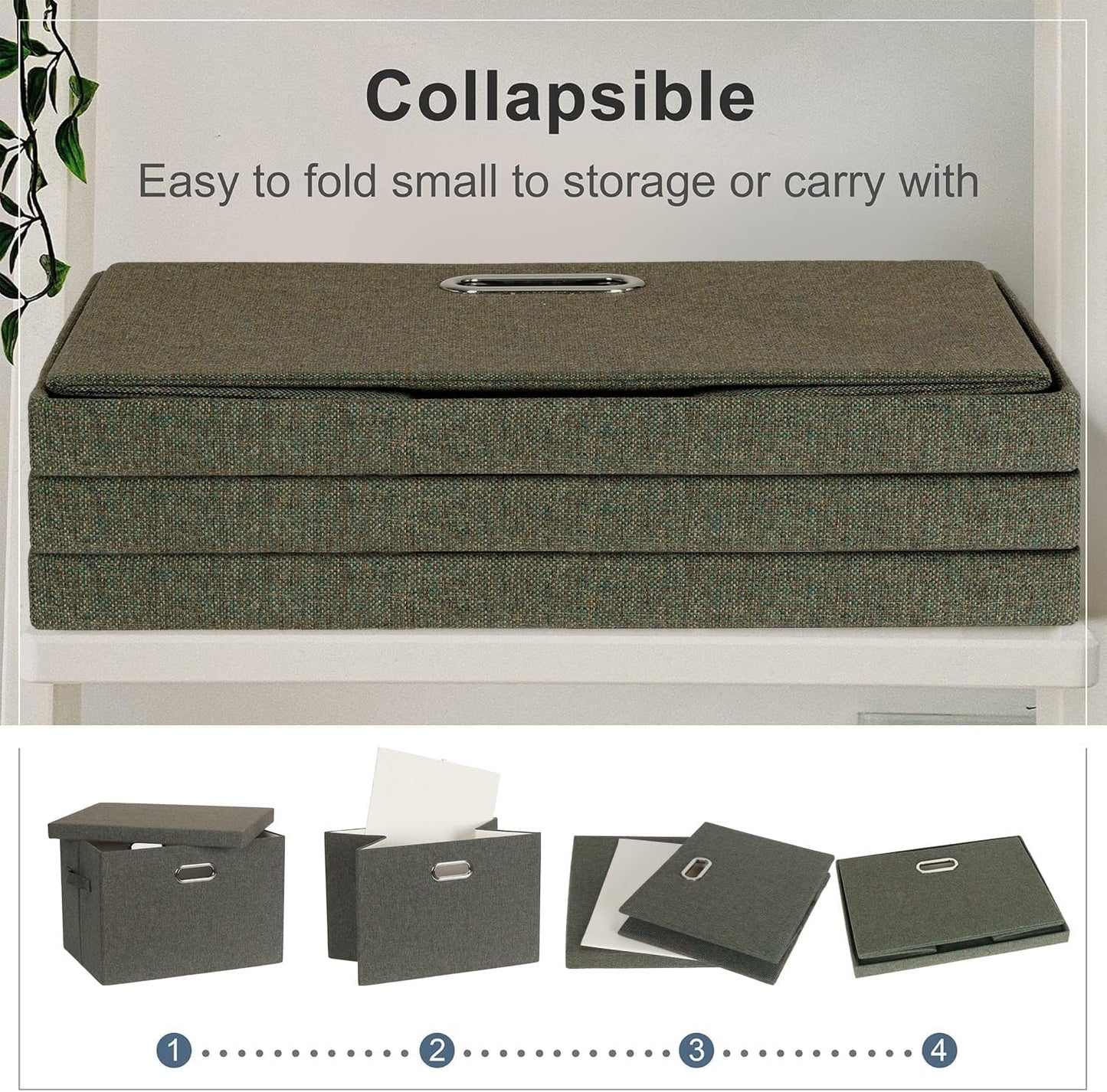 Large 17" 36 Quart Collapsible Stackable Storage Bins with Lids, 3 Packs Dark green Foldable Fabric Closet Storage Boxes with Lids, Heavy-duty Linen Cube Baskets(17x12x11)