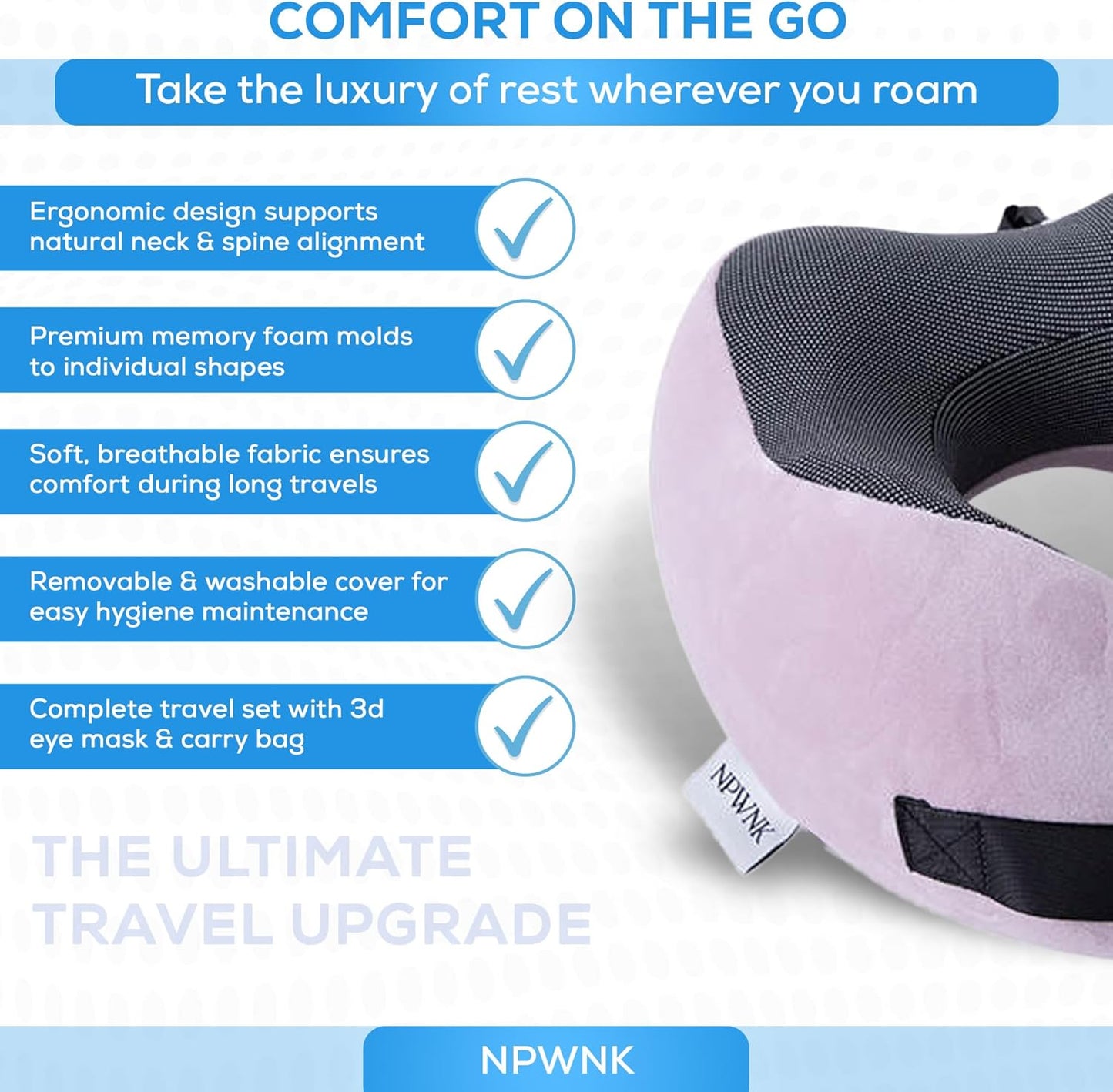 Pure Memory Foam Travel Pillows for Airplanes – Ergonomic Design with Adjustable Fit, Machine Washable, 3D Eye Mask & Compact Plane Pillow for Traveling – Grey & Pink