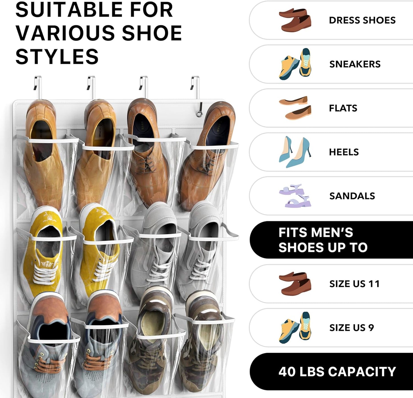 Simple Houseware 24 Pockets Large Clear Pockets Over The Door Hanging Shoe Organizer, White (56" x 22.5")