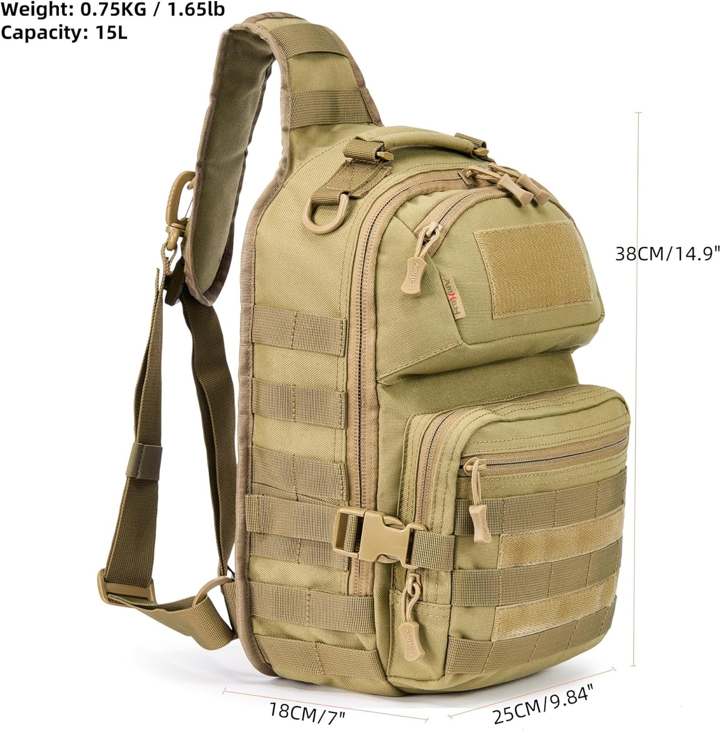 15L Tactical Crossbody Sling Bag | Everyday One Shoulder Backpack Fit 12 Inch Laptop, Molle, Daily Use, Travel, Hiking (Tan)