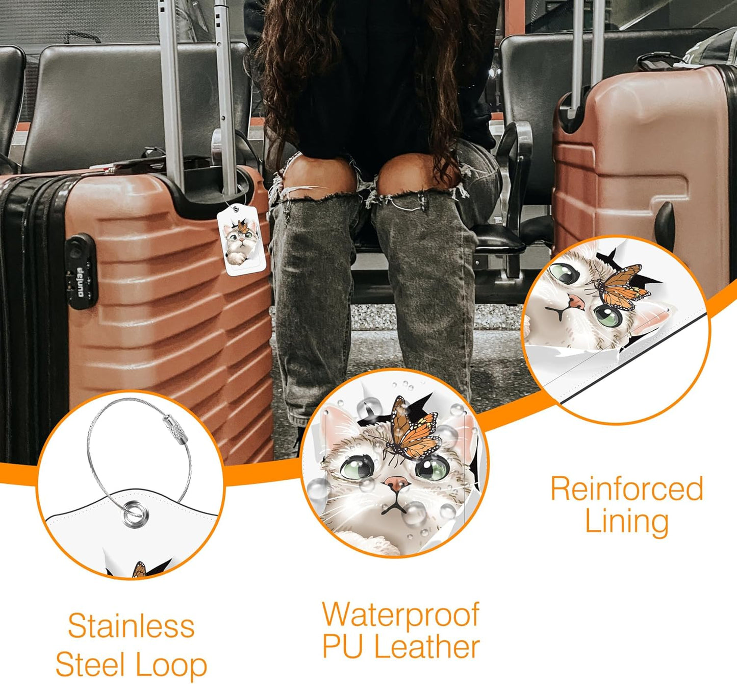 2 Pack Luggage Tag for Suitcase Cat and Butterfly in Hole Leather Travel Cruise Luggage Tag with Stainless Steel Loop Name ID Label Privacy Cover for Adults Teens Travel Bag Labels Set