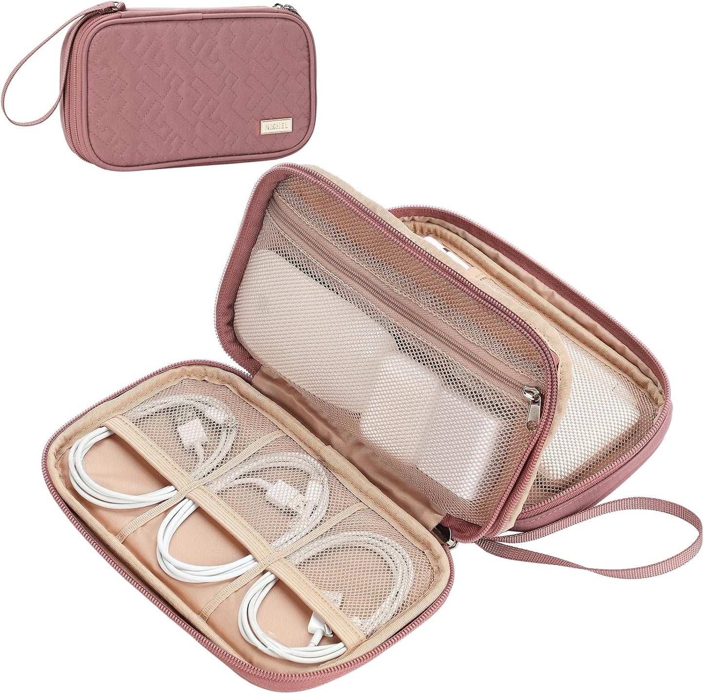 NISHEL Travel Cord Organizer Case, Double Layers Tech Electronic Bag, Essentials for Charger, Cable, Phone, Flash drive, Rose-wood Pink