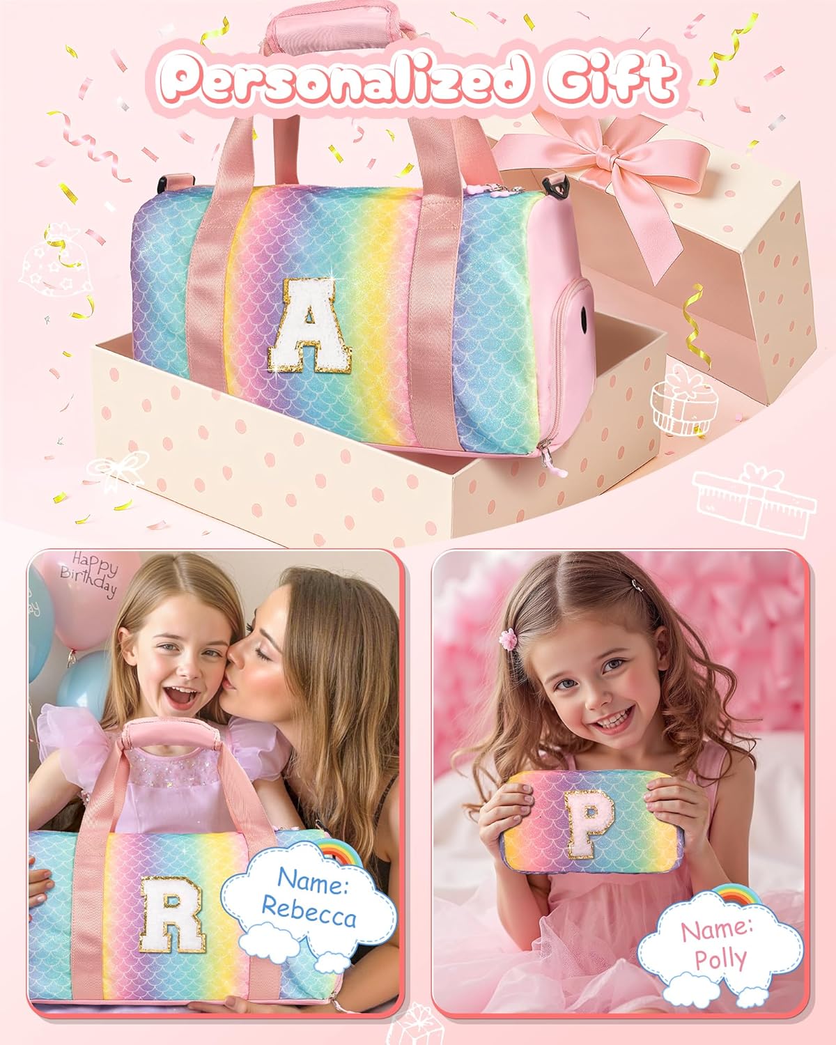 Cute Preppy Gifts for Girls-Girl Gym Bag with Shoe Compartment, Kid Personalized Weekender Overnight Bags, Initial Travel Tote with Makeup Pouch, Daughter In Law Gift (Letter D)