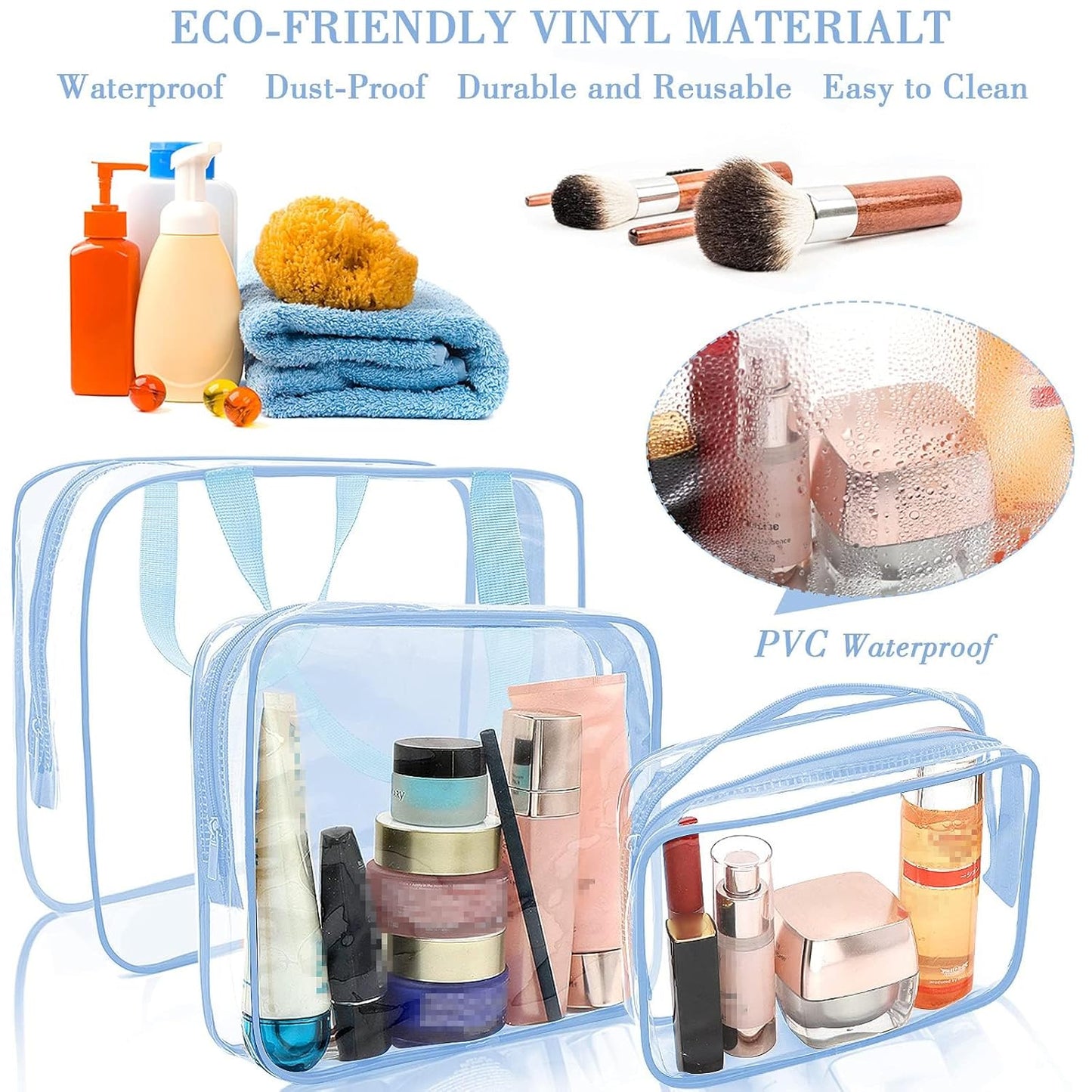 APREUTY Clear Makeup Bags, TSA Approved 6 Pcs Cosmetic Makeup Bags Set Clear PVC with Zipper Handle Portable Travel Luggage Pouch Airport Airline Vacation Organization (Haze Blue)