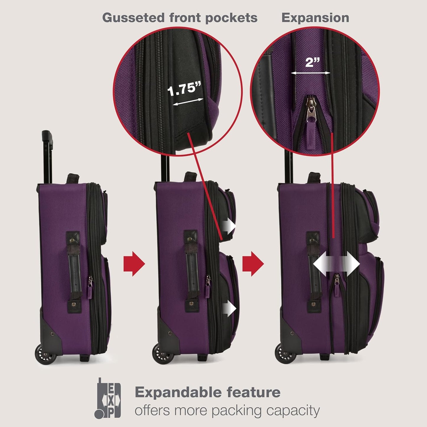 U.S. Traveler Rio Fabric Expandable Carry-on Luggage, Rolling Suitcase, Purple, 2 Wheel Set
