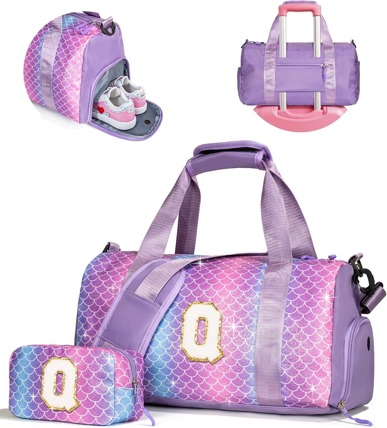 Valentines Day Gift for Girls-Girl Gym Bag with Shoe Compartment, Kid Personalized Weekender Overnight Bags, Initial Travel Tote with Makeup Pouch, Easter Gifts for Teen Daughter (Letter Q)
