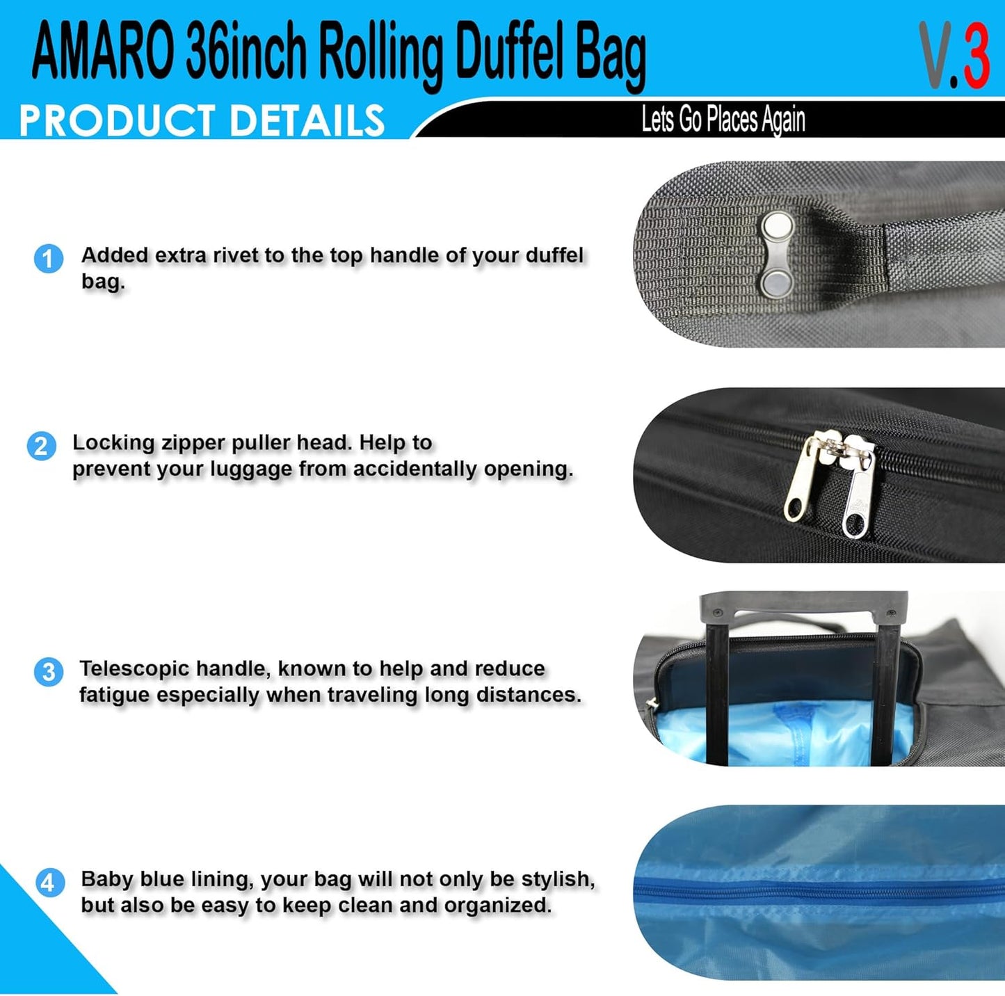 36" Rolling Duffle Bag with Wheels and Handle - Multiple Compartments/Compression Straps With Buckles