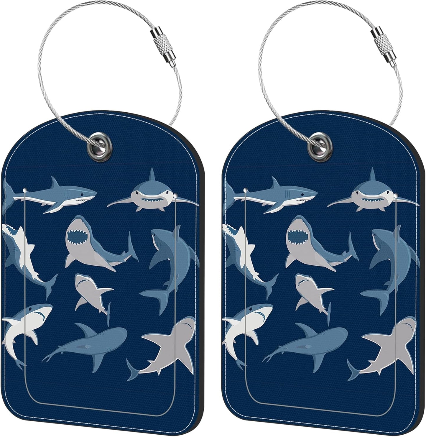 2 Pack Cute Luggage Tag for Suitcases Shark Set Leather Luggage Tags with Stainless Steel Loop Privacy Flap Name Tags,Men and Women Travel Bag Suitcase Tags