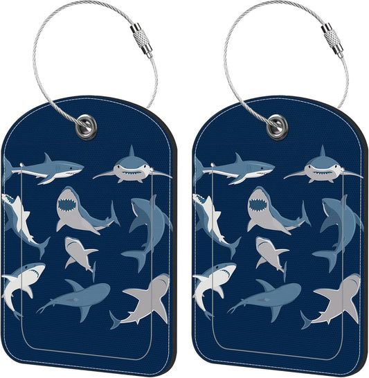 2 Pack Cute Luggage Tag for Suitcases Shark Set Leather Luggage Tags with Stainless Steel Loop Privacy Flap Name Tags,Men and Women Travel Bag Suitcase Tags