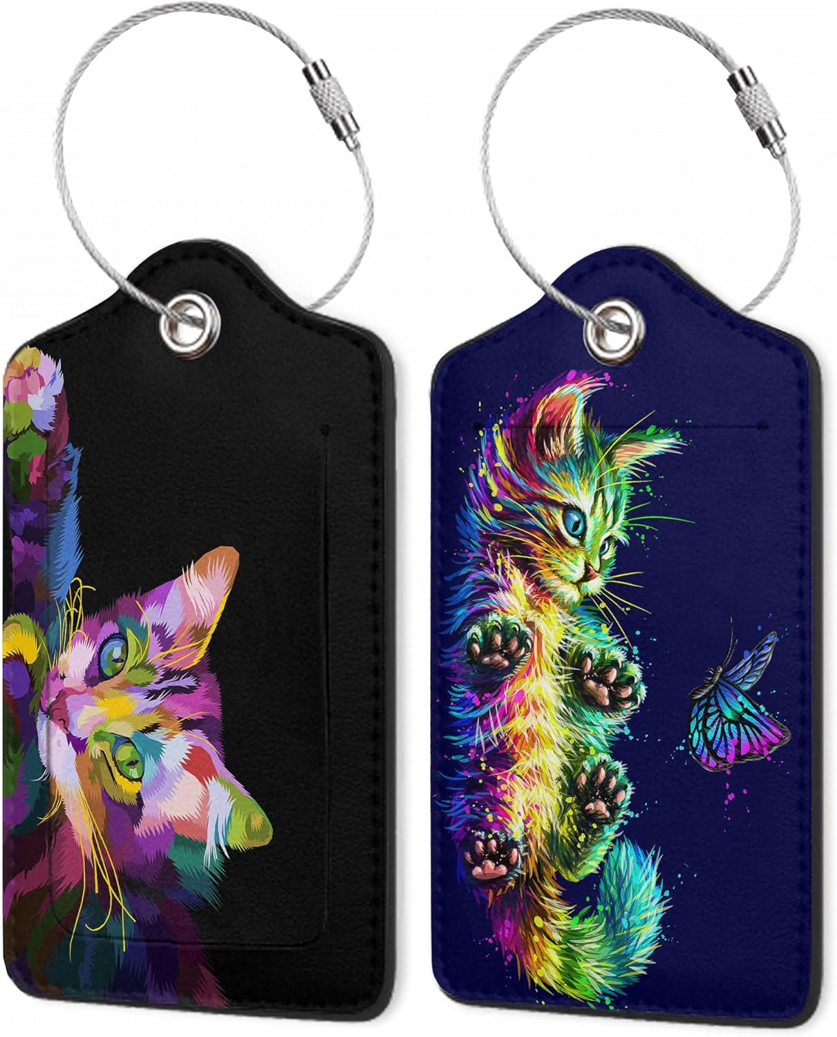 Abstract Multicolored Cat Luggage Tags,2 Pack Butterfly Luggage Tag,Leather Privacy Cover ID Label with Stainless Steel Loop for Women Men Kids Girls Travel