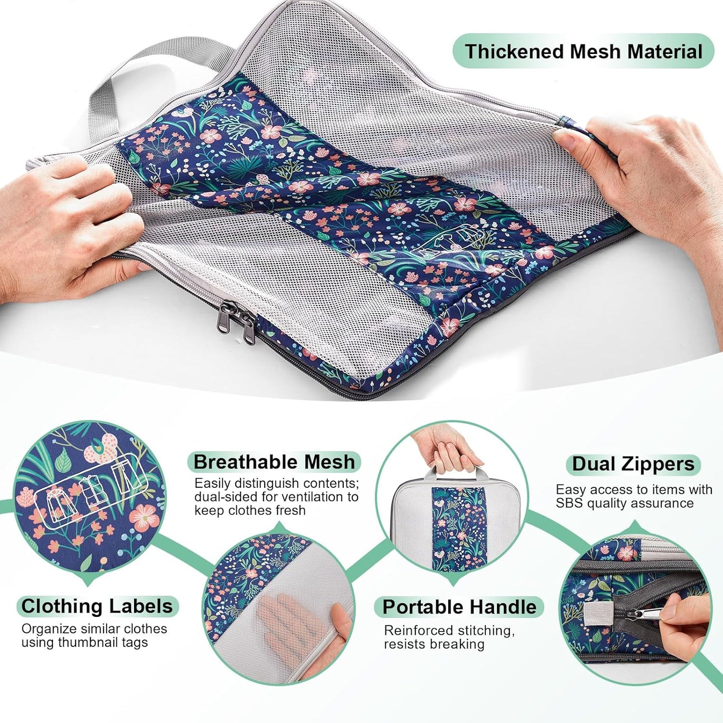 10 Set Compression Packing Cubes for Travel Essentials,Compressible Expandable Packing Cubes for Suitcase,OlarHike Luggage Organizer Bags,Handy Helper for Organizing Clothes(Dark Blue Floral)