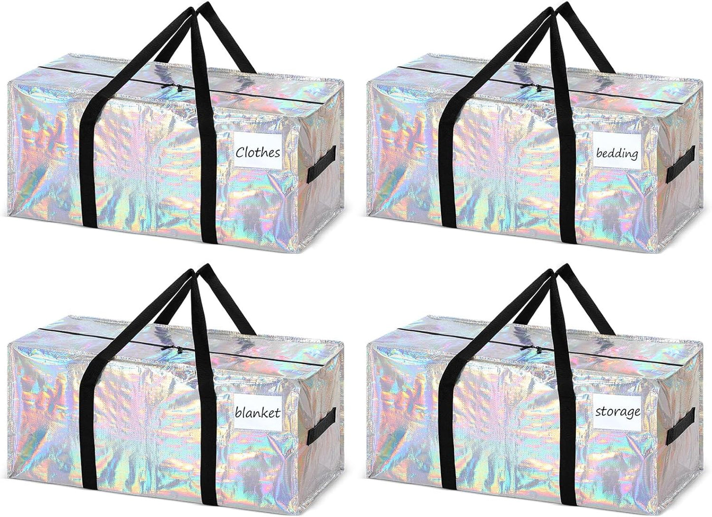 4 Pcs 24 Gallon Large Moving Bags with Zipper and Handles Foldable Storage Duffle Bags Heavy Duty Extra Large Totes for College Dorm Travel Clothes Blankets Bedding Moving (Iridescent)