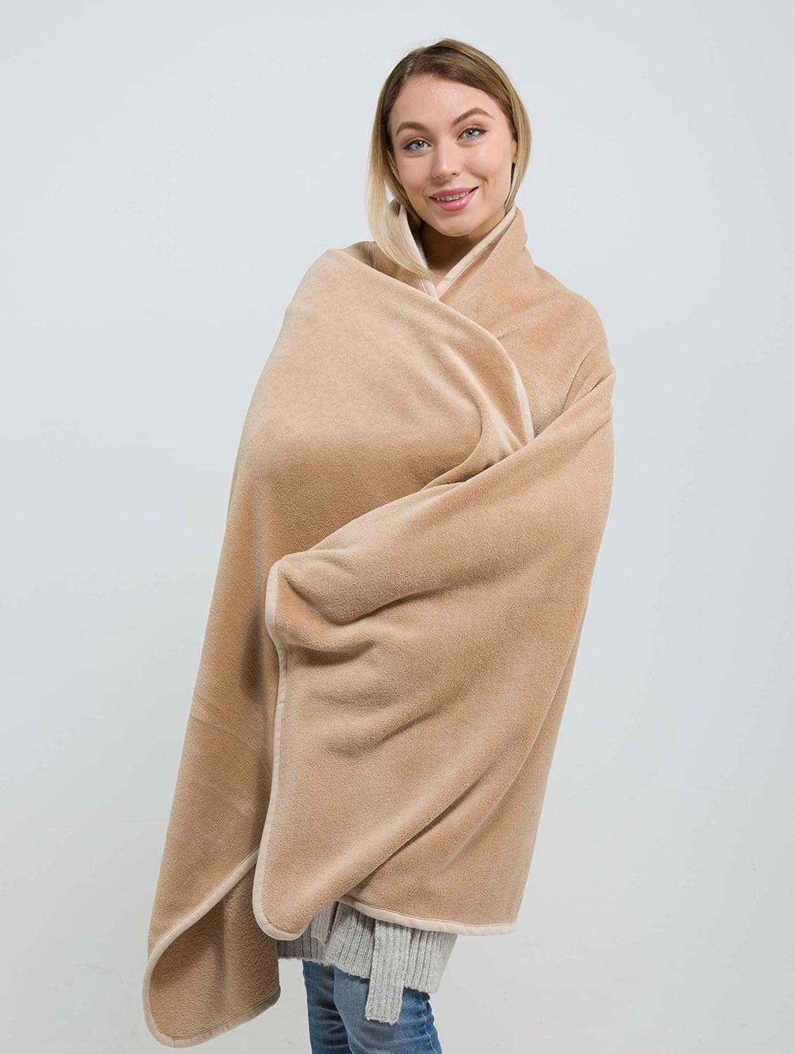 BlueHills Premium Soft 2-Pack Travel Blanket Pillows Airplane Large Plane Flight Throw Travel Blankets for Two in a Bag Compact Traveling Essentials Warm Travel Gifts Long Beige T205