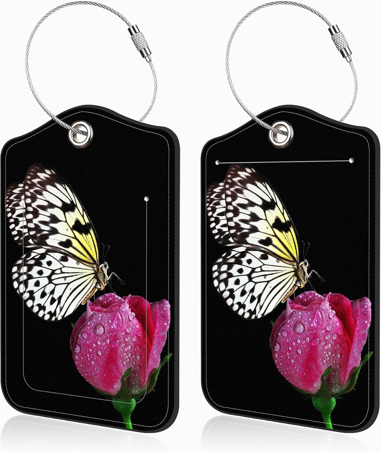 2 Pack Luggage Tags for Suitcases Butterfly on Pink Rose Leather Luggage Tags Privacy Cover ID Label with Stainless Steel Loop and Address Card for Women Men Travel Bag Backpack