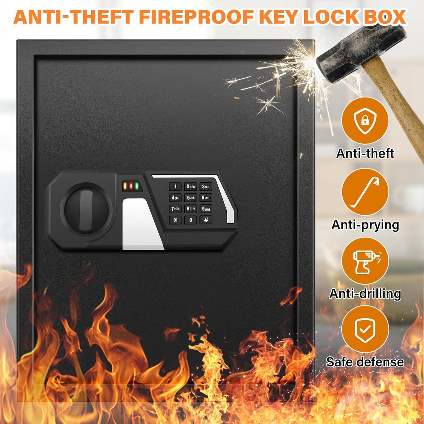 200 Keys Fireproof Key Safe with Hook Plates and Key Tags, Anti-Theft Key Lock Box Wall Mount with Combination Lock, Heavy Duty Key Box Key Cabinet Key Organizer for Home Office Garage