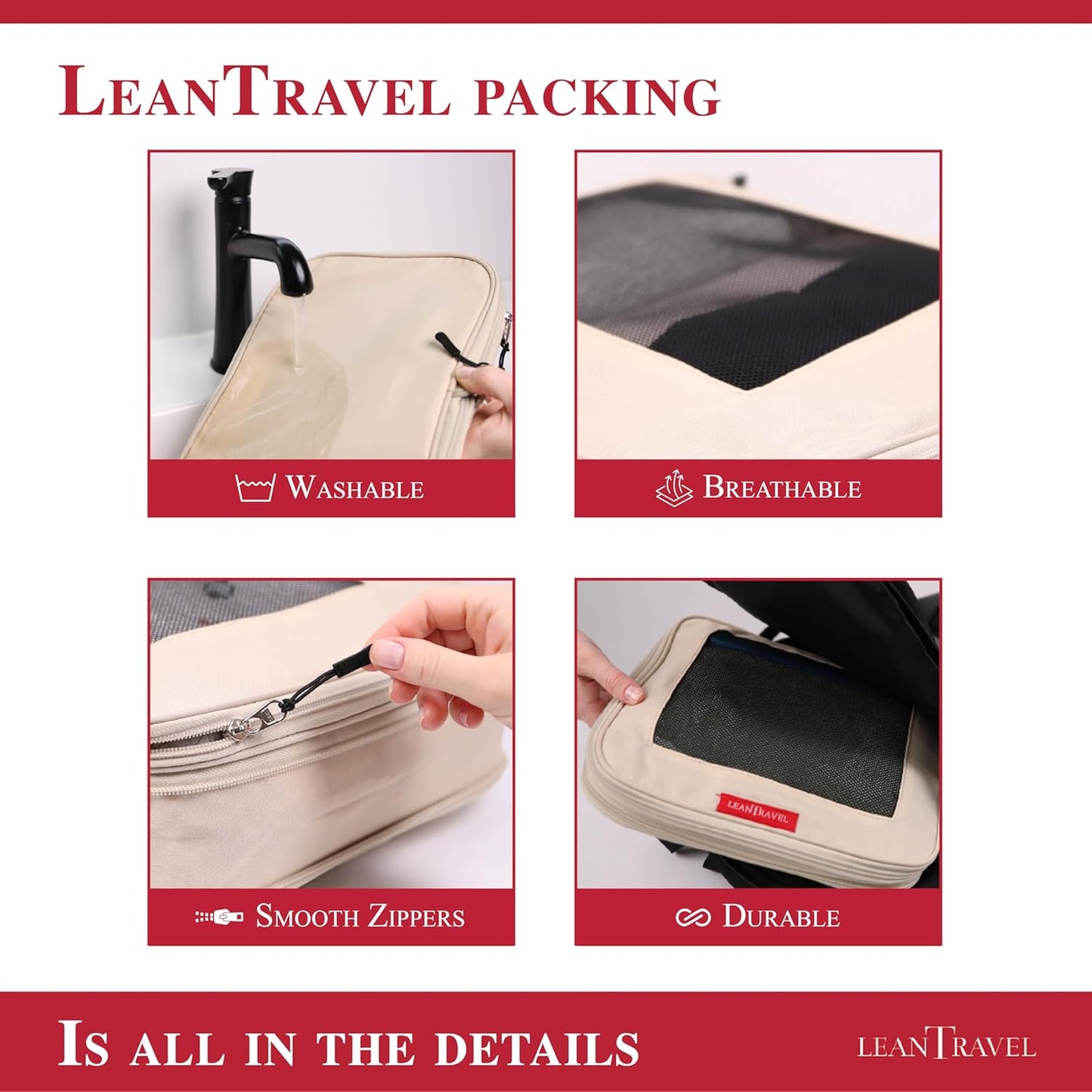 LeanTravel Compression Packing Cubes for Travel Organizers with Double Zipper (3-Pack (2L+1M), Sand)