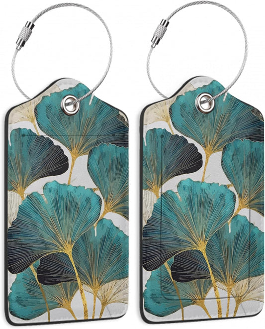 2 Pack Luggage Tag for Suitcases Green Ginkgo Leaf PU Leather Bag Travel Suitcase ID Identifier Baggage Tags for Women Men Travel