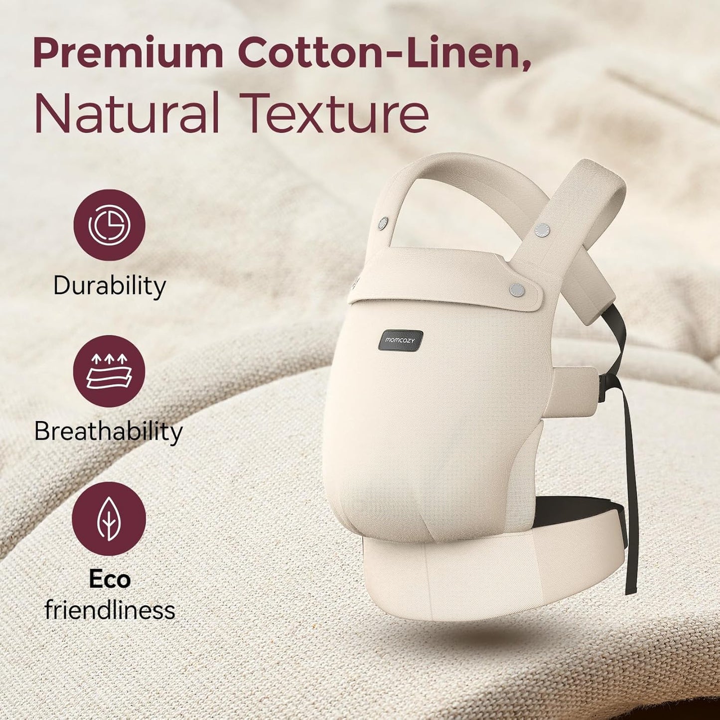 Momcozy Baby Carrier with Natural Cotton Linen, Built to Last, Ergonomic Design, 7-44lbs for Infant and Toddler, Lightweight and Comfortable, Hands-Free for Moms&Dads, Light Amber