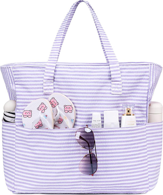 LEDAOU Beach Bag Waterproof Sandproof Women Tote Bag Pool Bag with Zipper for Gym Grocery Travel with Wet Pocket