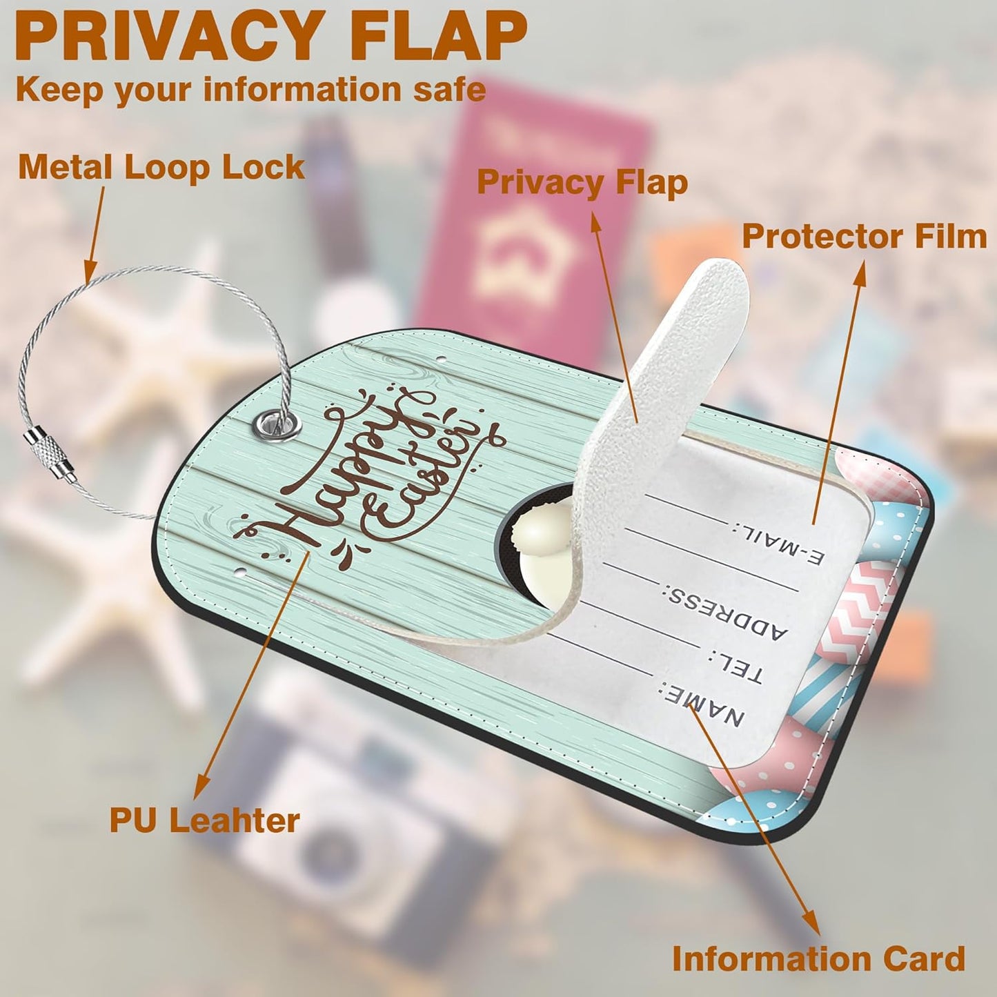 2 PCS Leather Luggage Tags for Suitcase Bunny Bottom and Easter Eggs Travel Luggage Tag with Privacy Flap Name ID Label and Metal Loop for Travel Bag Suitcase