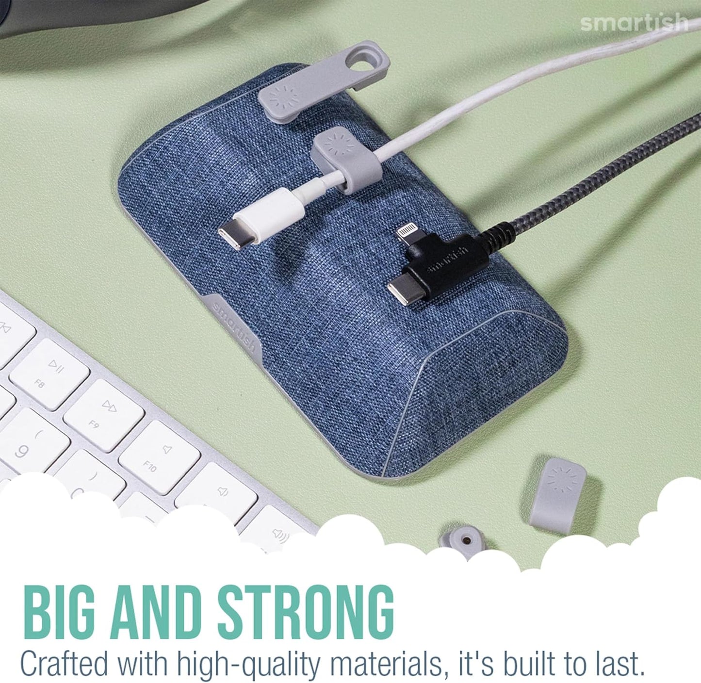 Smartish® Magnetic Cord Holder - Bigger Cable Wrangler Organizer with Magnet Clips for Charger Management on Desktop, Nightstand, or Side Table - Holds 6+ Cables - Blue Jeanie