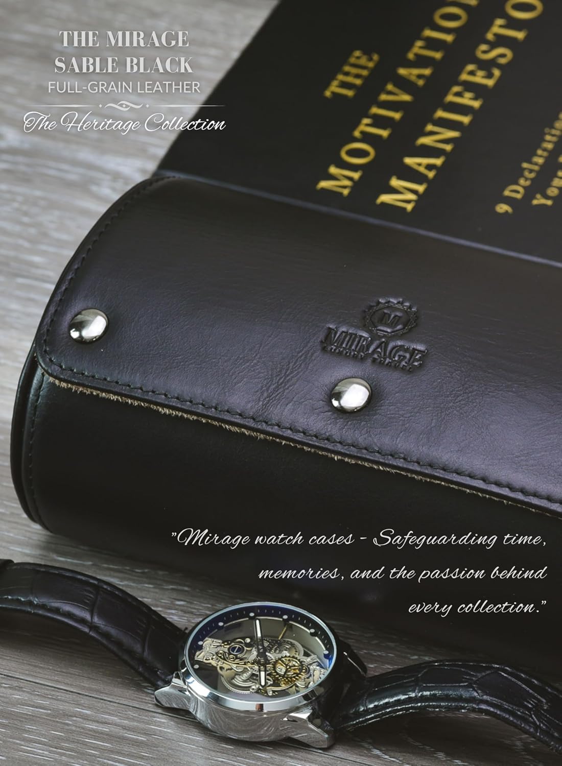 2 Watch Roll Travel Case – Leather Watch Holder Case for Travel - Black Full Grain Cow Leather (Beige Interior)