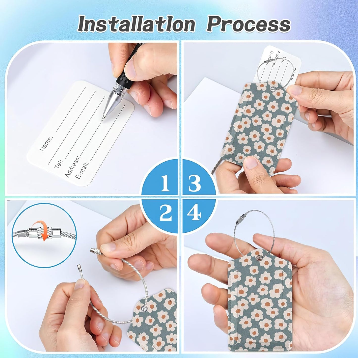 3 Pack Luggage Tag for Suitcase,Vintage Groovy Flowers Leather Luggage Tags with Privacy Cover Name ID Label Identifiers Travel Bag Tags for Women Men Boys Girls