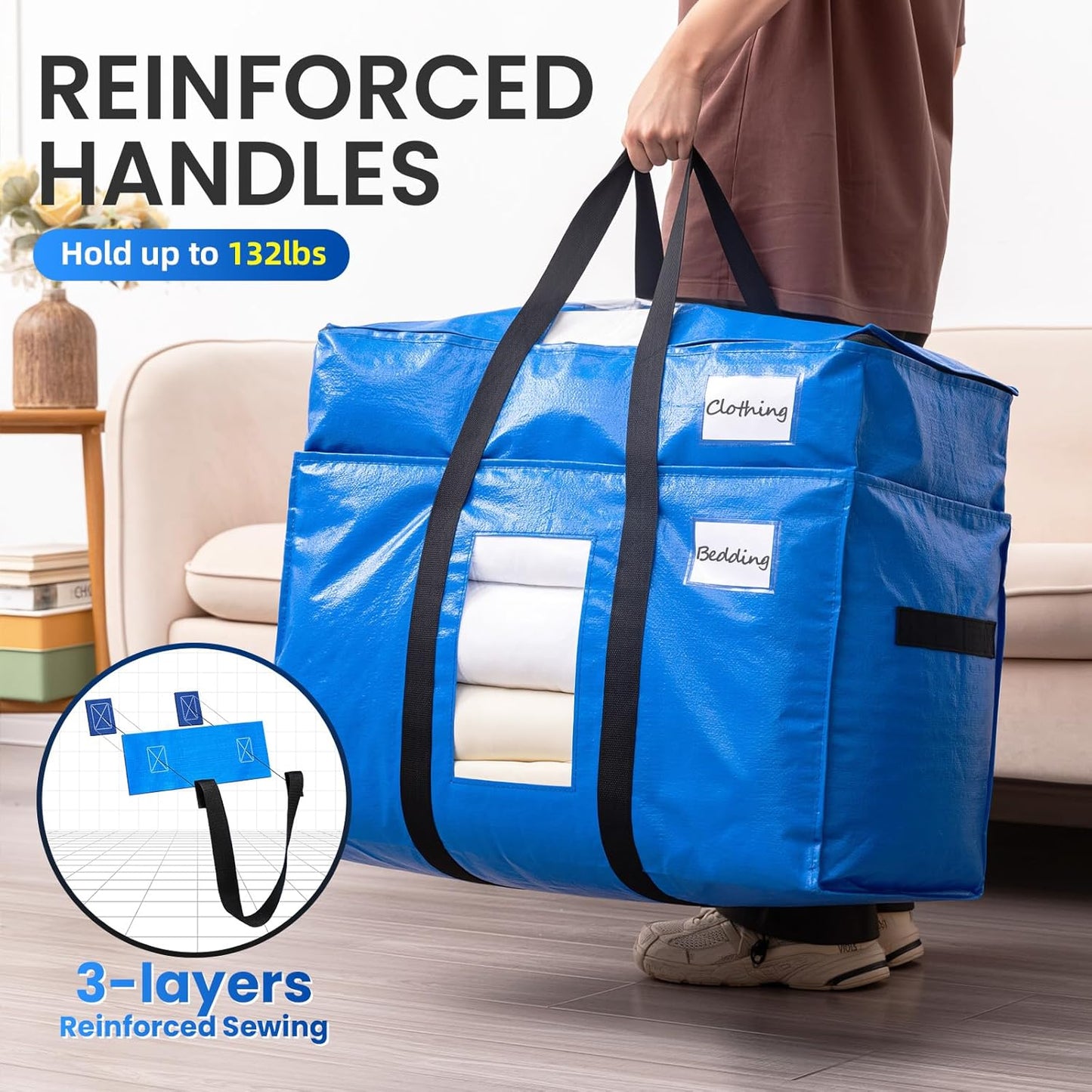 TAILI 2 Tier Extra Large Moving Bags, 2 Pack Blue Heavy Duty Totes For Storage with Visible Window, Wrap Around Handles, Storage Bags for Space Saving, Alternative to Moving Boxes