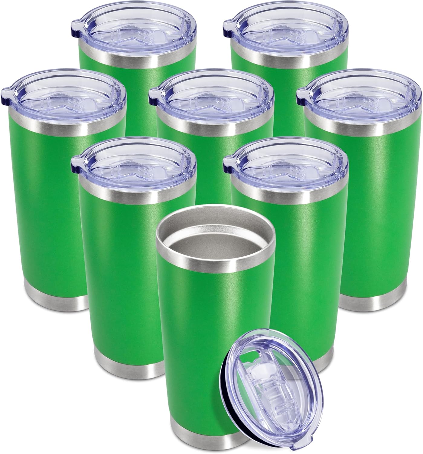 20 oz Tumbler Coffee Tavel Tumblers Bulk with Lid Stainless Steel Double Wall Vacuum Insulated Mug Powder Coated Cups fit Car Cupholder for Hot and Cold - Green, 8Pack