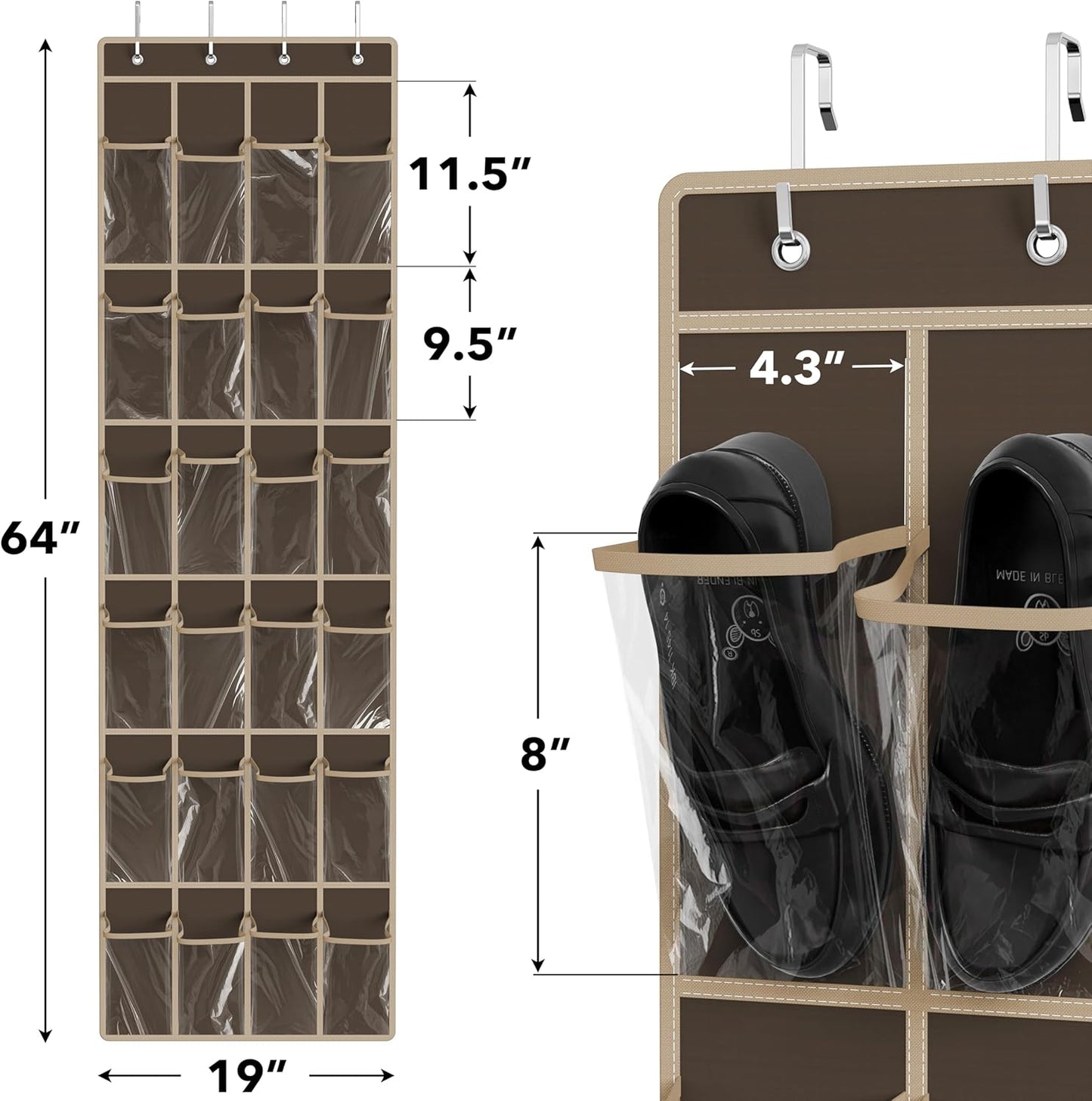 Simple Houseware 24 Pockets - Crystal Clear Over The Door Hanging Shoe Organizer, Brown (64'' x 19'')