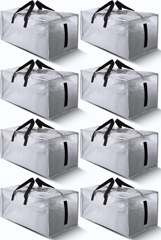 8 Pack Large Strong Bags with Zippers & Carrying Handles - Water-Resistant - Heavy Duty Storage Tote for Space Saving Storage, Fold Flat, Alternative to Moving Box (Silver)