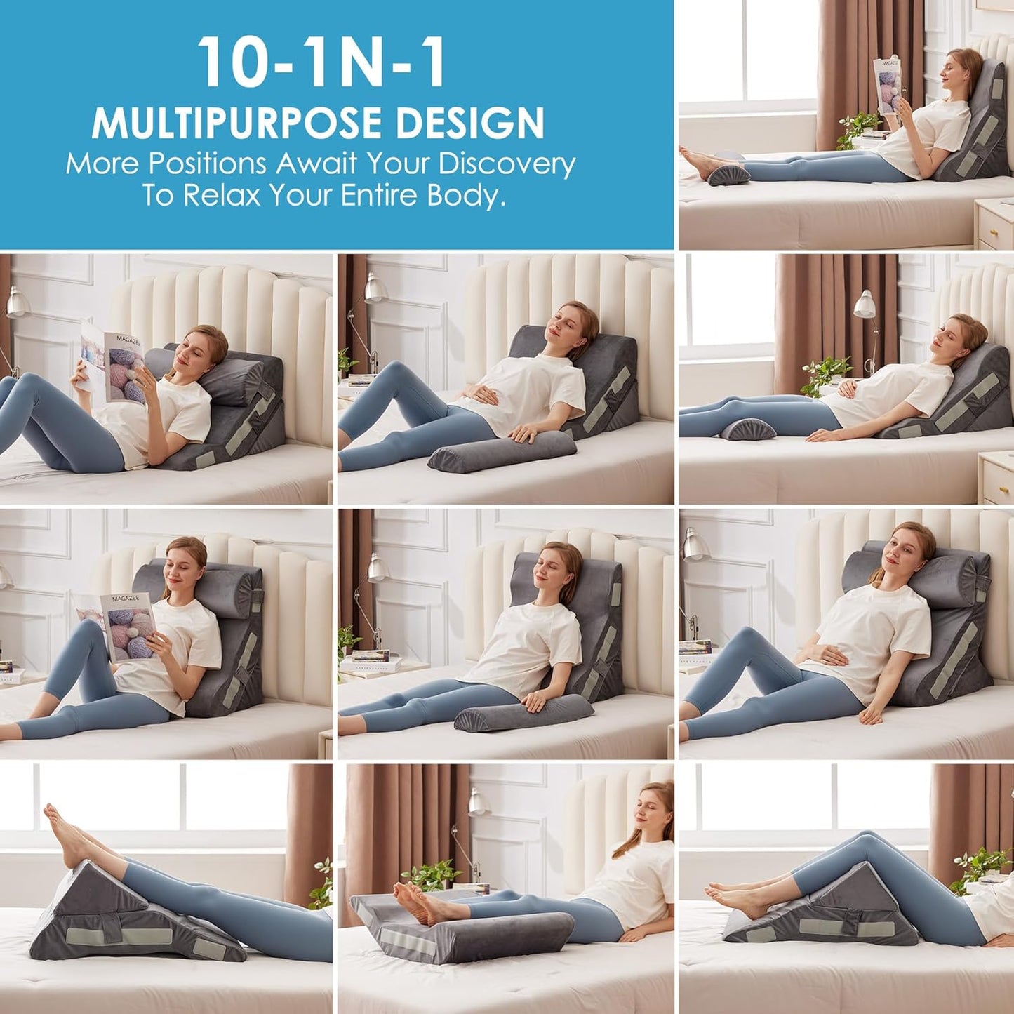 3PCS Bed Wedge Pillow for Headboard, Adjustable Wedge Pillow for Sleep Apnea, 23” Wide Triangle Pillow Wedge Set for After Surgery, Acid Reflux Relief, Snoring, Neck&Back Support, Grey