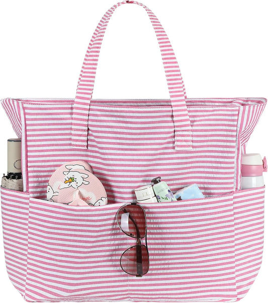 LEDAOU Large Beach Tote Bag Women Waterproof Sandproof Zipper Beach Tote Bag for Pool Gym Grocery Travel with Wet Pocket