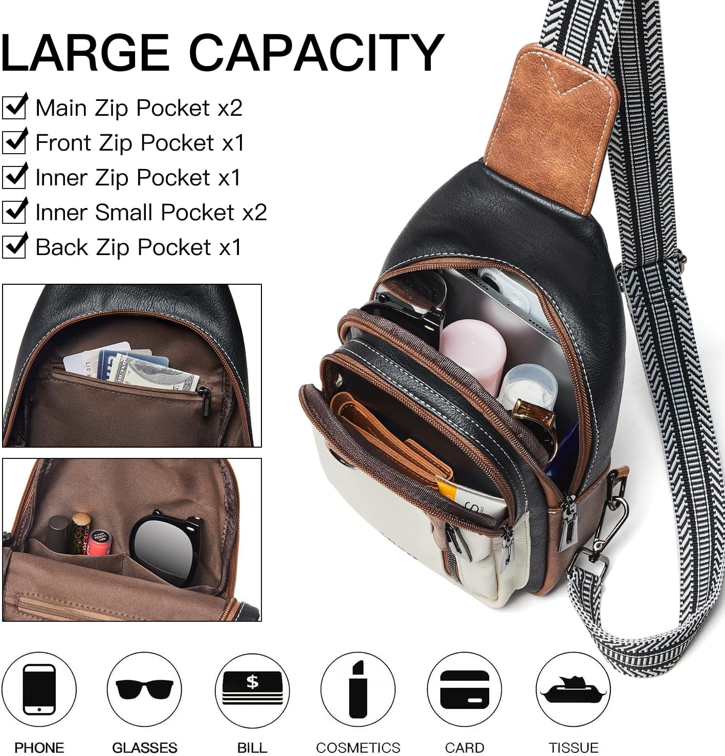 7L Sling Bag for Women Men Leather Small Sling Backpack Daypack Anti Theft Fanny Pack Crossbody Purse Travel