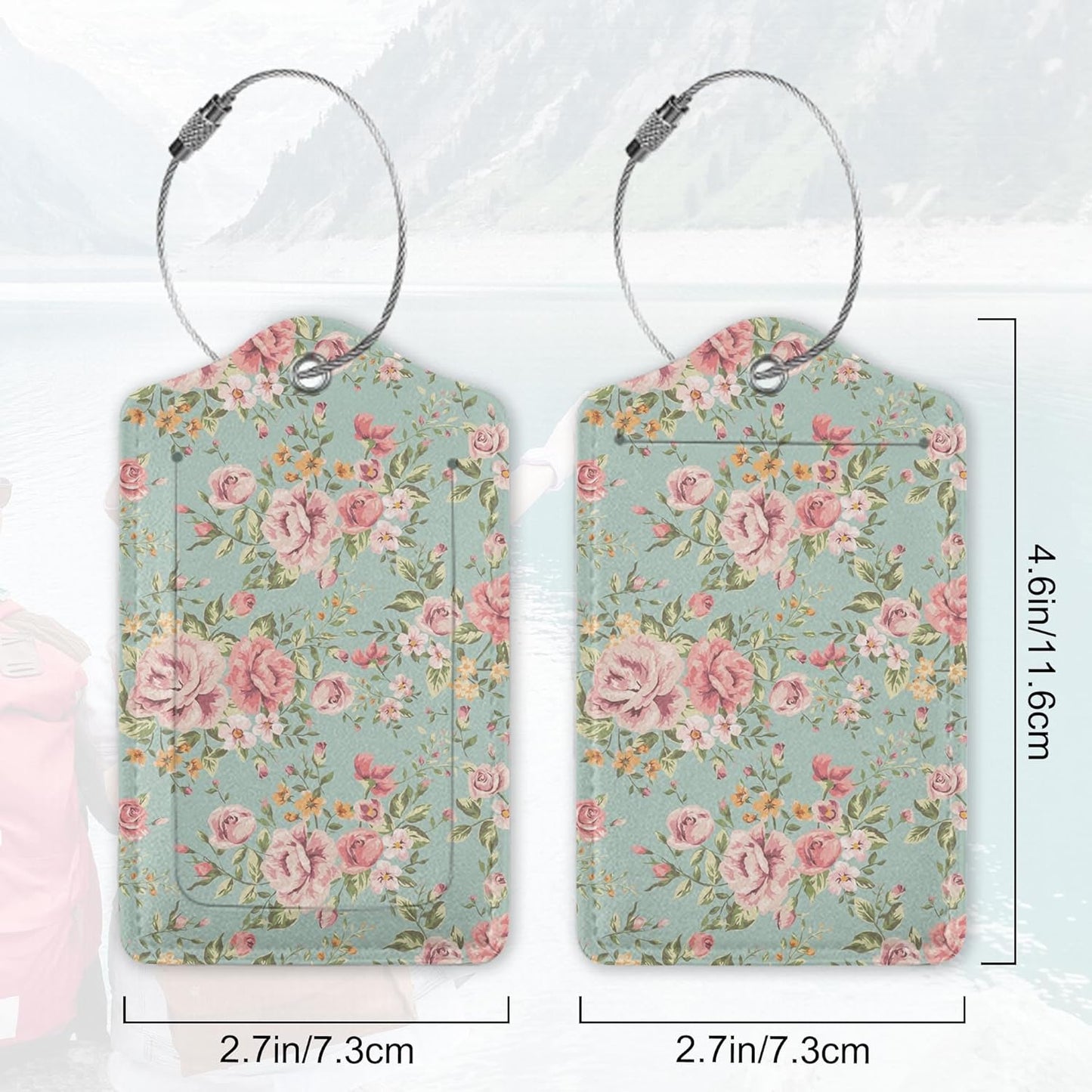 2Pcs Luggage Tag for Suitcase Vintage Floral Shabby Chic Pink Rose Cute Suitcase Tag with Privacy Flap & Name ID Label & Metal Loop,Travel Bag Luggage Tags for Women
