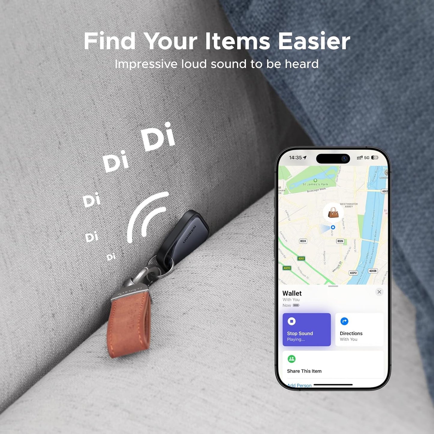 UGREEN FineTrack Smart Finder Compatible with Apple Find My (iOS Only) 2-Year Replaceable Battery Bluetooth Tracker Tags, Item Finder Smart Tag for Key Luggage Passport with Alarm& Left-Behind Remind