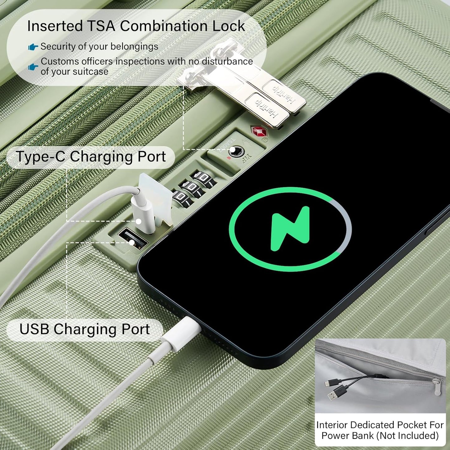 28 Inch Luggage Hard Shell Suitcases, Expandable Travel Checked Luggage 28 Inch, Large Check In Luggage with Spinner Wheels Cup Holder Charger Built in Lightweight Suitcase, Bamboo Green