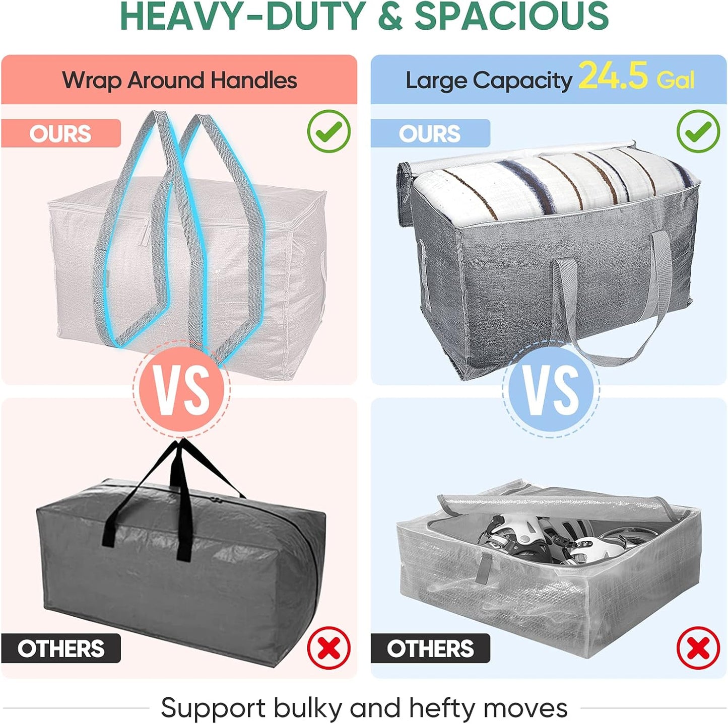 BALEINE 2-Pack Oversized Moving Bags with Reinforced Handles, Heavy-Duty Storage Tote for Clothes, Moving Supplies (Winter Grey, 2-Pack)