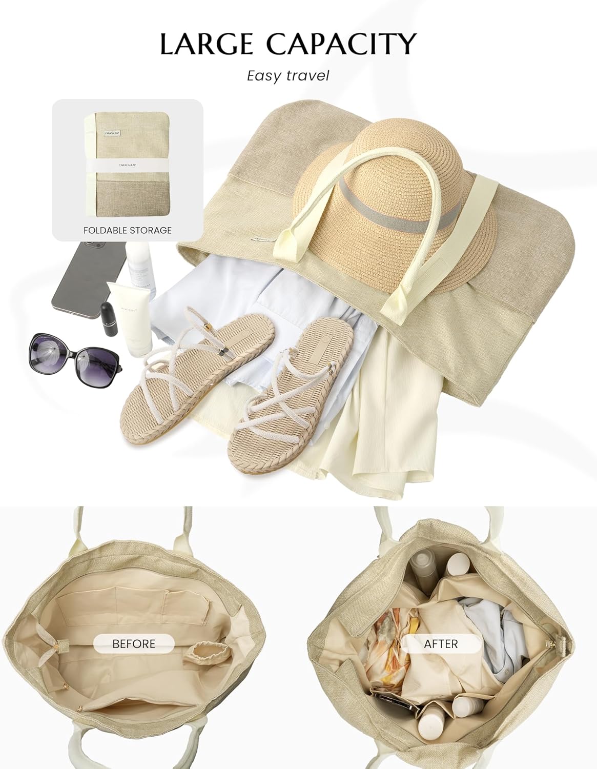 Large Beach Tote Bag with Zipper-Travel Tote Bag for Women with Sun Hat Holder Strap Boho Summer Beach Tote