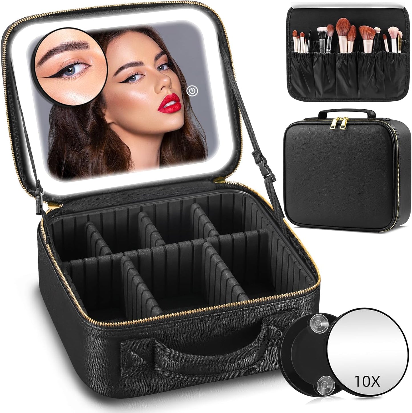Lighted Travel Makeup Bag - 3 Colors, Mirror, 2-Layer Organizer with 10X Magnifying Mirror - Portable Cosmetic Case with Adjustable Dividers (Black)