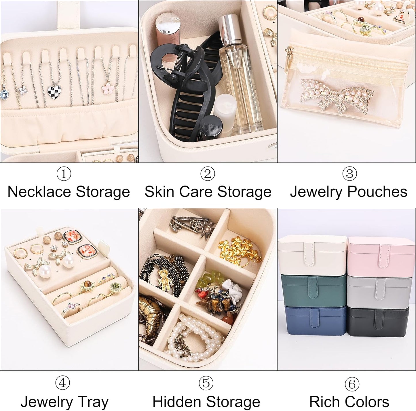 2 Layer Portable Jewelry Box, Large Jewelry Travel Case with 4 Jewelry Pouches, Medium Size Jewelry Organizer Box for Earrings, Necklaces, Bracelets (beige)