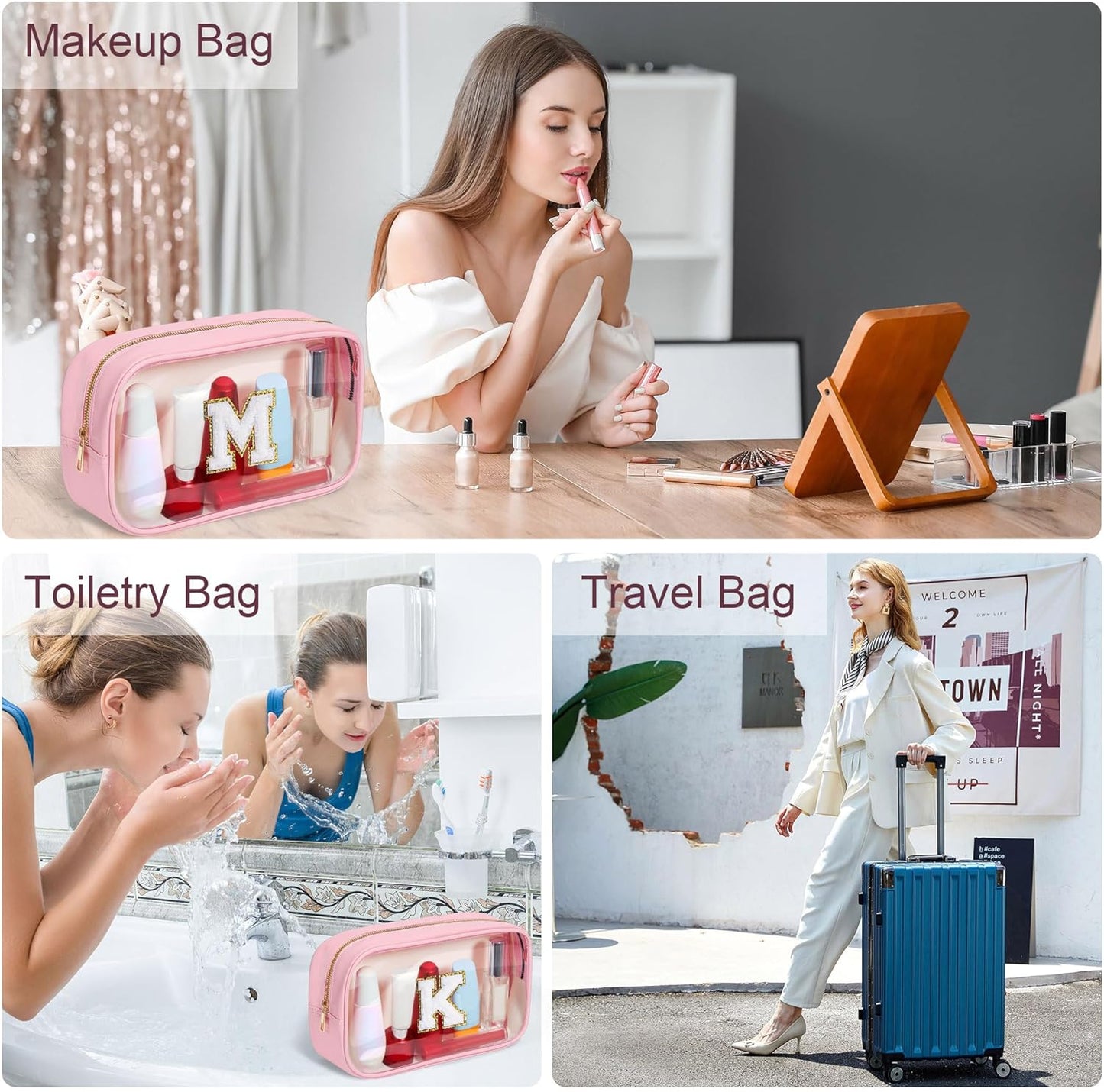 YOOLIFE Initial Make Up Bag Travel Toiletry Bag, Clear Makeup Bag Preppy Cosmetic Bags Organizer Travel Essentials Pink Gifts for Women Teen Girlfriend Teacher Mom Birthday Mothers Day Gifts I