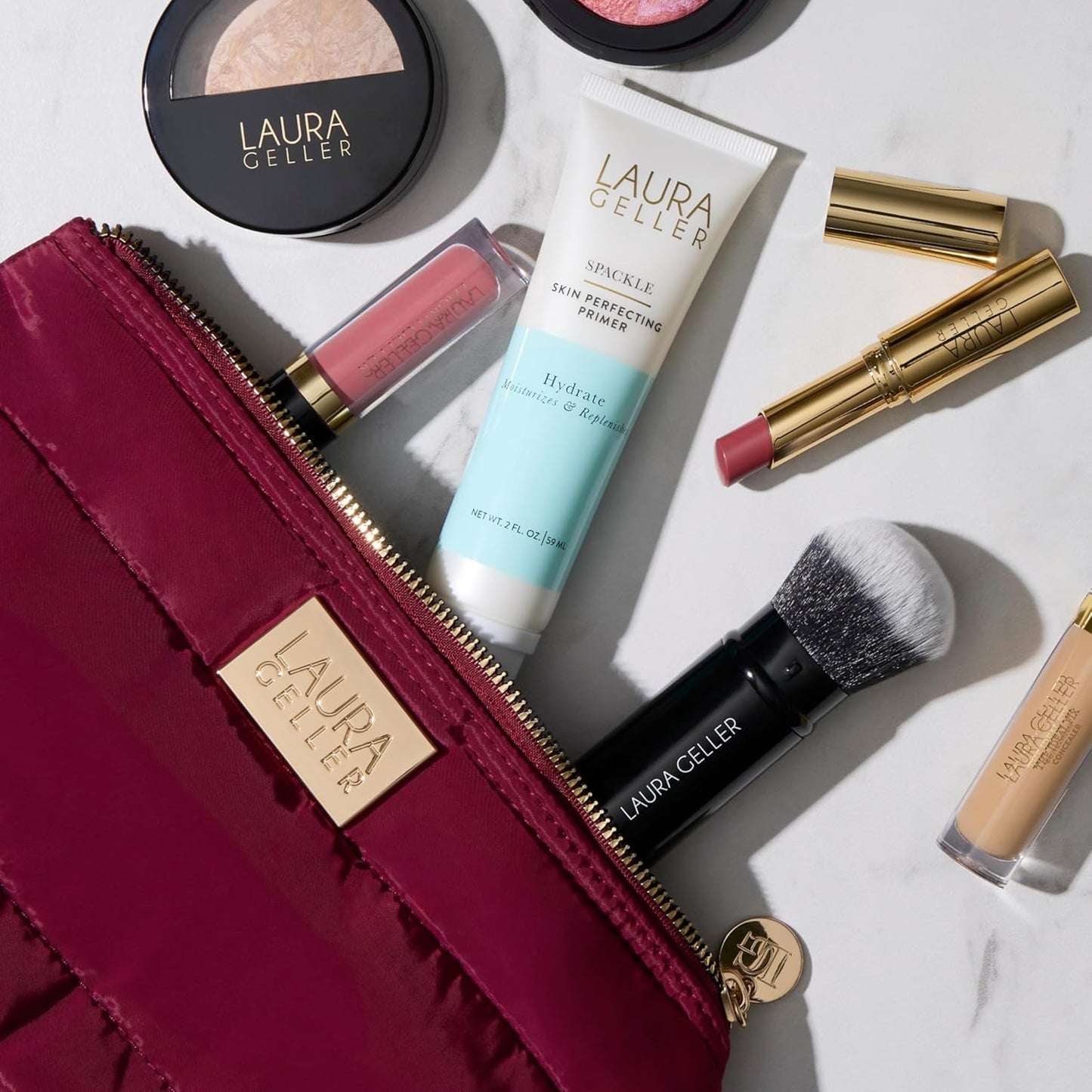 LAURA GELLER NEW YORK Quilted Makeup Bag with Brush Case, Burgundy - Toiletry Bag Organizer for Travel - Large Capacity Full Size Makeup Bag - Easy to Clean