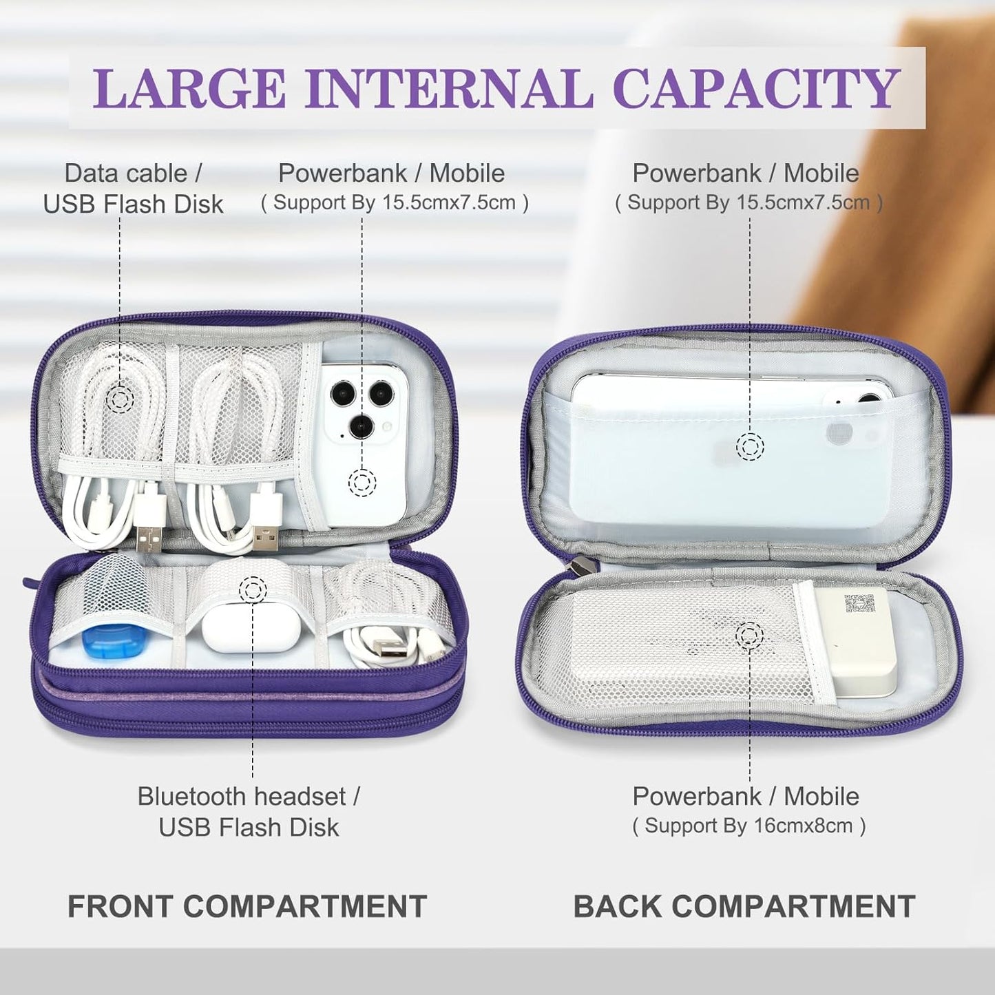 FYY Travel Cable Organizer Pouch Electronic Accessories Carry Case Portable Waterproof Double Layers All-in-One Storage Bag for Cord, Charger, Phone, Earphone Dark Purple