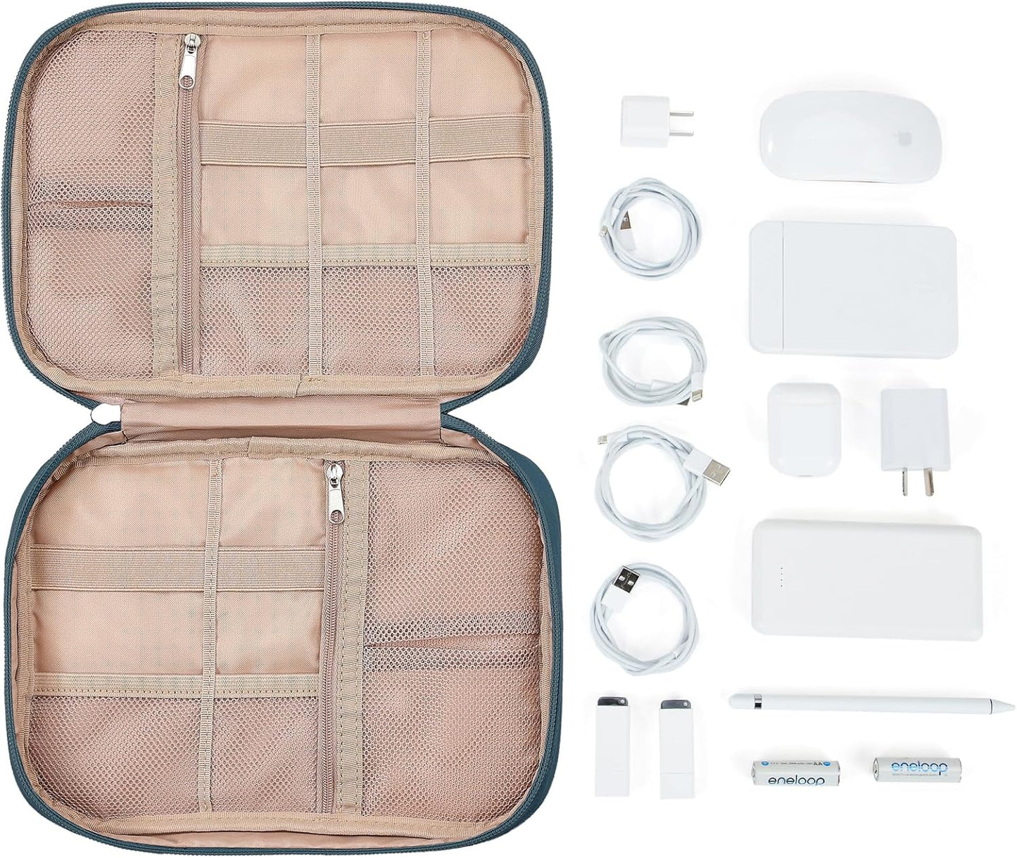 NISHEL Travel Cord Organizer Case, Tech Electronic Bag, Essentials for Charger, Cable, Phone, Hard Drive, USB, SD Card, Lake-Blue