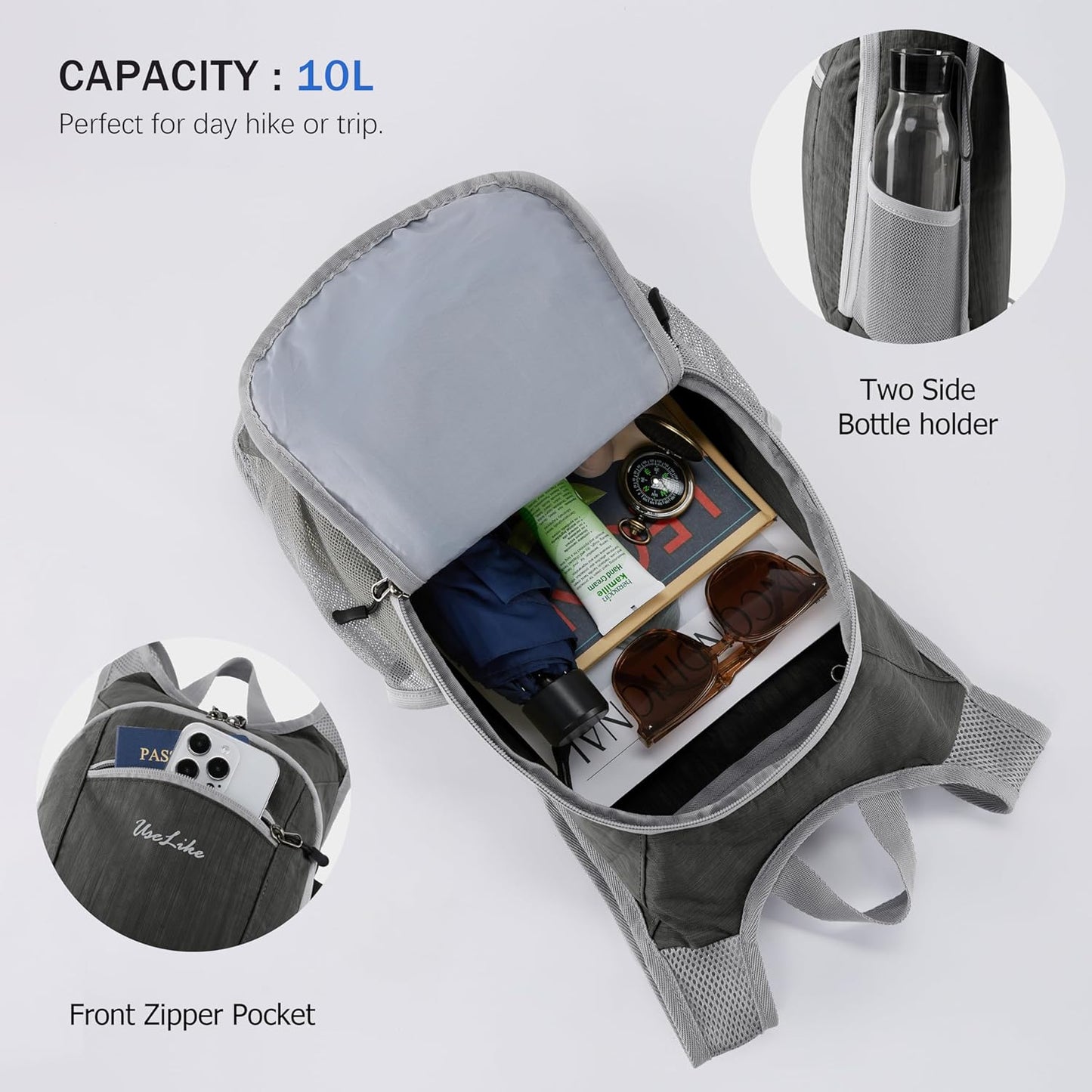 10L Small Hiking Backpack Travel Daypack Lightweight Packable Back Pack for Women Men(Iron Grey)