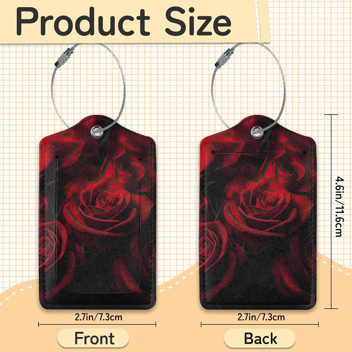 3 Pack Red Rose Luggage Tags for Suitcases, Cute Leather Name Tag with Privacy Cover with Stainless Steel Loops, Travel ID Bag Tags for Women Men